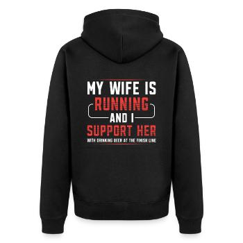 My wife is running and I support her with - Unisex Premium Organic Zip Hoodie - black - Back - Nico (187cm)