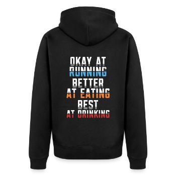 Okay when running better when eating - Unisex Premium Organic Zip Hoodie - black - Back - Nico (187cm)