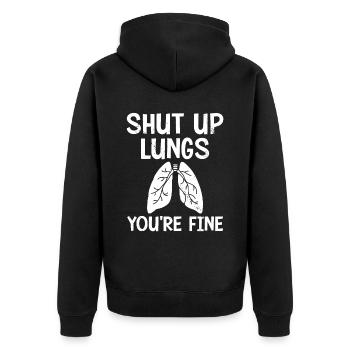 Halt die Klappe Lunge, dir geht's gut - Unisex Premium Bio Zip Hoodie - Schwarz - Hinten - Nico (187cm)