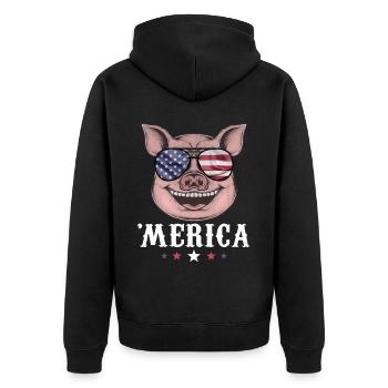 Pig Merica 4th of July American Flag USA - Unisex Premium Bio Zip Hoodie - Schwarz - Hinten - Nico (187cm)