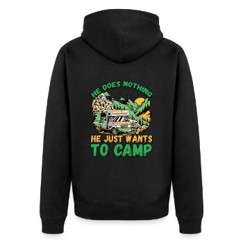 Der Tut Nix Der Will Nur Campen - Zelten Natur - Unisex Premium Bio Zip Hoodie - Schwarz - Hinten - Nico (187cm)