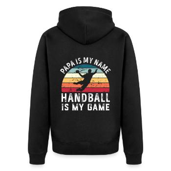 Papa ist mein Name Handball ist mein Spiel Papa Väter - Unisex Premium Bio Zip Hoodie - Schwarz - Hinten - Nico (187cm)