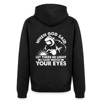 Lustiger Schweißer Schweißer Geschenk - Unisex Premium Bio Zip Hoodie - Schwarz - Hinten - Nico (187cm)