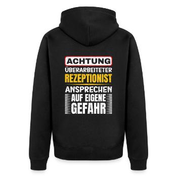 Achtung Überarbeiteter Rezeptionist - Unisex Premium Bio Zip Hoodie - Schwarz - Hinten - Nico (187cm)