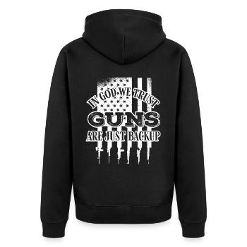In Gott, Wir Vertrauen, Sind Waffen Nur Backup - Unisex Premium Bio Zip Hoodie - Schwarz - Hinten - Nico (187cm)