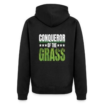 Rasenmäher Conqueror of the Grass Rasenpflege - Unisex Premium Bio Zip Hoodie - Schwarz - Hinten - Nico (187cm)