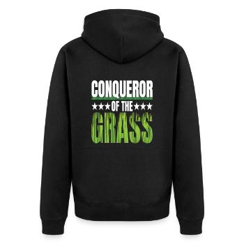 Rasenmäher Conqueror of the Grass Rasenpflege - Unisex Premium Bio Zip Hoodie - Schwarz - Hinten - Nico (187cm)