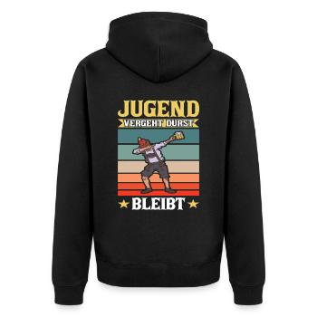 Dubbing Lederhose Jugend vergeht Durst bleibt Sauf - Unisex Premium Bio Zip Hoodie - Schwarz - Hinten - Nico (187cm)