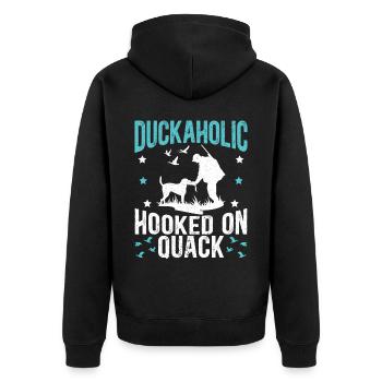 Duckaholic Hooked On Quack Wasservögel Jagd - Unisex Premium Bio Zip Hoodie - Schwarz - Hinten - Nico (187cm)