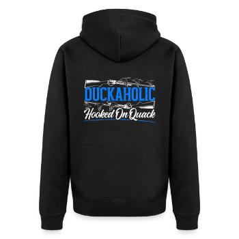 Duckaholic Hooked On Quack Wasservögel Jagd - Unisex Premium Bio Zip Hoodie - Schwarz - Hinten - Nico (187cm)