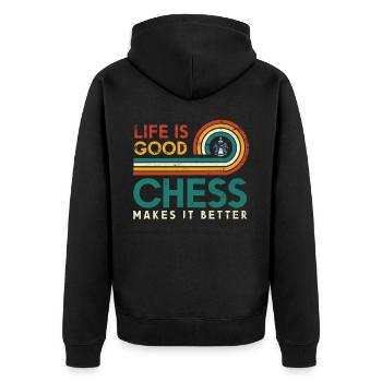 Das Leben Ist Gut. Schach Macht Es Besser - Unisex Premium Bio Zip Hoodie - Schwarz - Hinten - Nico (187cm)