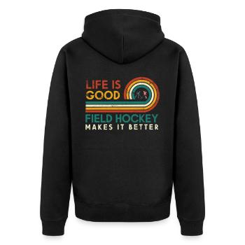 Das Leben Ist Gut Feldhockey Macht Es Besser Für - Unisex Premium Bio Zip Hoodie - Schwarz - Hinten - Nico (187cm)