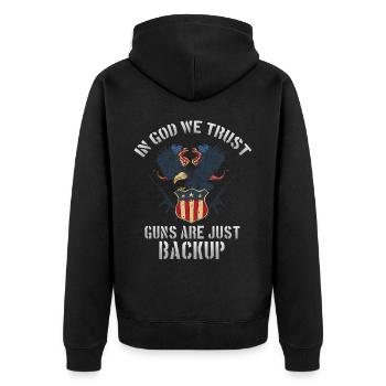 In God, we trust, weapons are just backup - Unisex Premium Organic Zip Hoodie - black - Back - Nico (187cm)