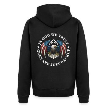 In Gott, Wir Vertrauen, Sind Waffen Nur Backup - Unisex Premium Bio Zip Hoodie - Schwarz - Hinten - Nico (187cm)
