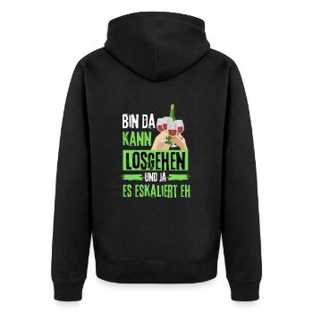 Bin da kann losgehen ja es eskaliert eh mit Wein - Unisex Premium Bio Zip Hoodie - Schwarz - Hinten - Nico (187cm)