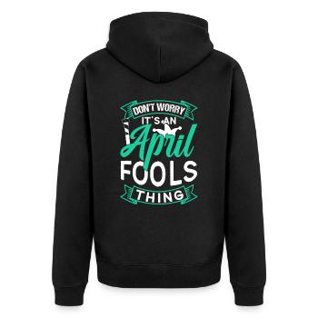 Keine Sorge Das Ist Ein Aprilscherz Ding Witz - Unisex Premium Bio Zip Hoodie - Schwarz - Hinten - Nico (187cm)