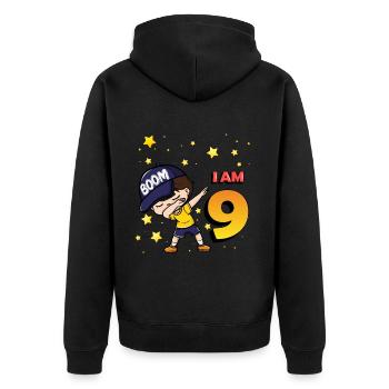 Boom I'm 9 | Birthday Boy | 9th Birthday Party - Unisex Premium Organic Zip Hoodie - black - Back - Nico (187cm)