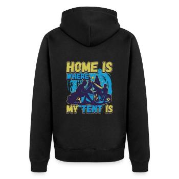 Zuhause ist wo mein Zelt steht - Campen Natur - Unisex Premium Bio Zip Hoodie - Schwarz - Hinten - Nico (187cm)