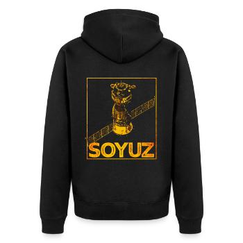 Sojus Raumschiff Sowjetunion - Unisex Premium Bio Zip Hoodie - Schwarz - Hinten - Nico (187cm)