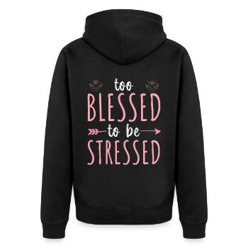 Zu gesegnet, um gestresst zu sein, lustiges Yoga-Zen - Unisex Premium Bio Zip Hoodie - Schwarz - Hinten - Nico (187cm)
