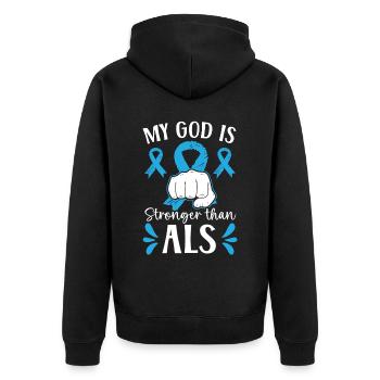 Mein Gott ist stärker als ALS Awareness Christian - Unisex Premium Bio Zip Hoodie - Schwarz - Hinten - Nico (187cm)