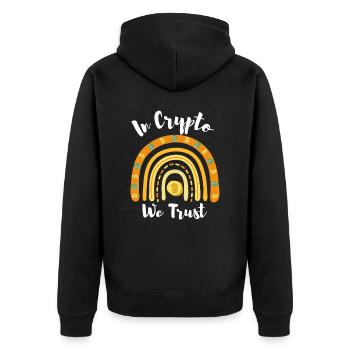 In Crypto We Trust Bitcoin Rainbow Krypto Shirt - Unisex Premium Bio Zip Hoodie - Schwarz - Hinten - Nico (187cm)