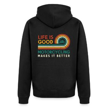 Das Leben Ist Gut Motorradfahren Macht Es Besser - Unisex Premium Bio Zip Hoodie - Schwarz - Hinten - Nico (187cm)