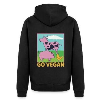 Go Vegan Veganer Kuh Schwein Huhn Vegetarier - Unisex Premium Bio Zip Hoodie - Schwarz - Hinten - Nico (187cm)