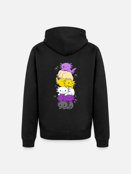 Ei-binaarinen lippu LGBTQ Kawaii Axolotl Stack - Premium unisex luomu-huppari vetoketjulla - musta
