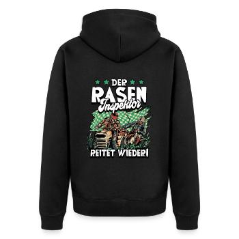 Der Rasen Inspektor Garten Gärtner - Unisex Premium Bio Zip Hoodie - Schwarz - Hinten - Nico (187cm)