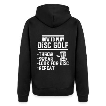 Wie man Disc Golf Throw Sear spielt nach Disc suchen - Unisex Premium Bio Zip Hoodie - Schwarz - Hinten - Nico (187cm)