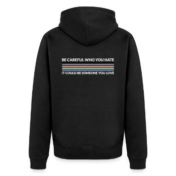 Attention, qui déteste - LGBTQ Polygenre - Veste à capuche bio Premium Unisexe - noir - Dos - Nico (187cm)