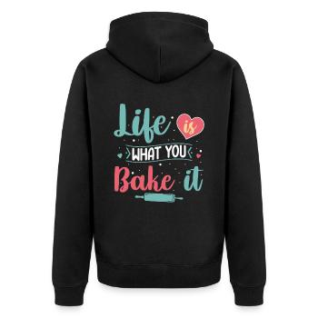 Das Leben Ist Das, Was Sie Backen | Bäcker Shirt - Unisex Premium Bio Zip Hoodie - Schwarz - Hinten - Nico (187cm)