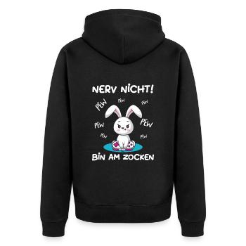 Bin am Zocken Gaming Hase - Unisex Premium Bio Zip Hoodie - Schwarz - Hinten - Nico (187cm)