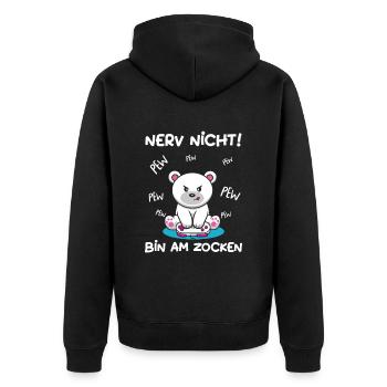 Bin am Zocken Gaming Eisbär - Unisex Premium Bio Zip Hoodie - Schwarz - Hinten - Nico (187cm)