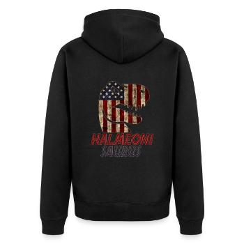 Patriotic Halmeoni Dinosaur - Unisex Premium Bio Zip Hoodie - Schwarz - Hinten - Nico (187cm)