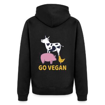 Go Vegan Veganer Kuh Schwein Huhn Vegetarier - Unisex Premium Bio Zip Hoodie - Schwarz - Hinten - Nico (187cm)