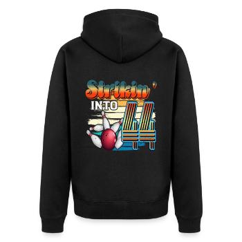 Strikin' Into 44 Bowling Bowler Feier Zum 44. - Unisex Premium Bio Zip Hoodie - Schwarz - Hinten - Nico (187cm)