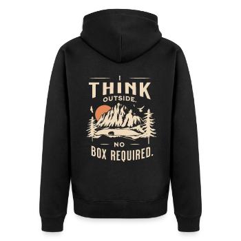 I like to think outside. No box required. - Unisex Premium Bio Zip Hoodie - Schwarz - Hinten - Nico (187cm)