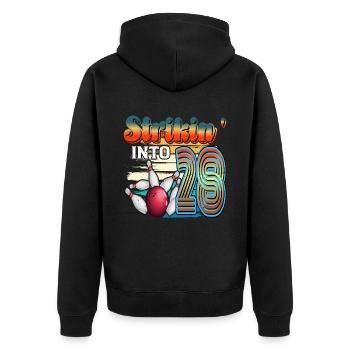 Strikin' Into 28 Bowling Bowler Feier Zum 28. - Unisex Premium Bio Zip Hoodie - Schwarz - Hinten - Nico (187cm)