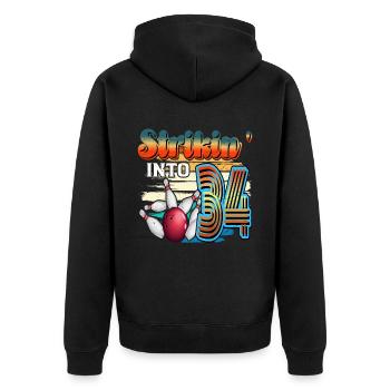 Strikin' Into 34 Bowling Bowler 34. Geburtstag - Unisex Premium Bio Zip Hoodie - Schwarz - Hinten - Nico (187cm)