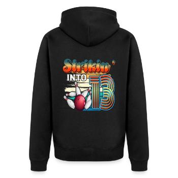 Strikin' Into 13 Bowling Bowler 13. Geburtstag - Unisex Premium Bio Zip Hoodie - Schwarz - Hinten - Nico (187cm)