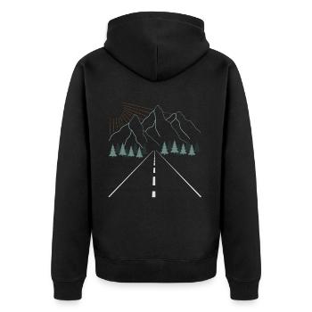 Natur Wandern Aufdruck Berg Motiv - Unisex Premium Bio Zip Hoodie - Schwarz - Hinten - Nico (187cm)