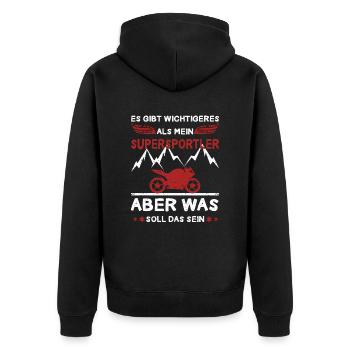 Gibt Wichtigeres Als Supersportler Motorradfahrer - Unisex Premium Bio Zip Hoodie - Schwarz - Hinten - Nico (187cm)