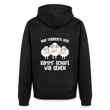 Nur Verrückte hier kommt Schafe wir gehen - Unisex Premium Bio Zip Hoodie - Schwarz - Hinten - Nico (187cm)