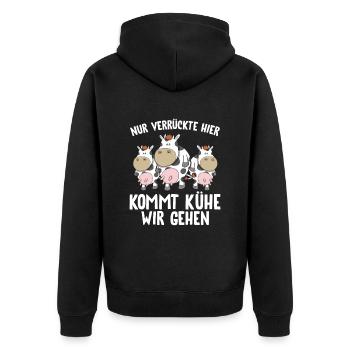 Nur Verrückte hier kommt Kühe wir gehen - Unisex Premium Bio Zip Hoodie - Schwarz - Hinten - Nico (187cm)