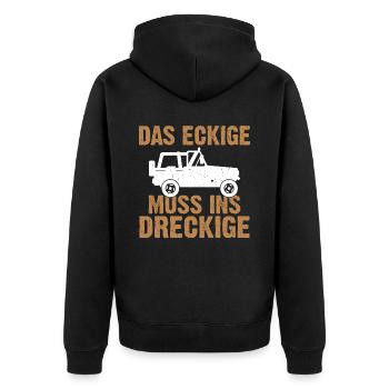 Das Eckige Muss ins Dreckige Gelände Offroader Jäg - Unisex Premium Bio Zip Hoodie - Schwarz - Hinten - Nico (187cm)