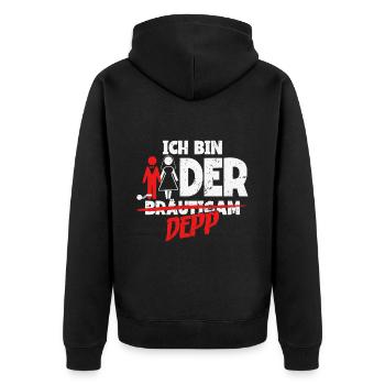 Ich bin der Depp Bräutigam - Unisex Premium Bio Zip Hoodie - Schwarz - Hinten - Nico (187cm)