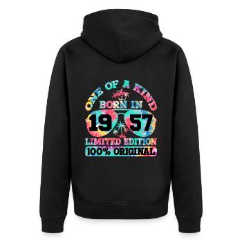 Einzigartig Geboren 1957 Limitierte Auflage - Unisex Premium Bio Zip Hoodie - Schwarz - Hinten - Nico (187cm)