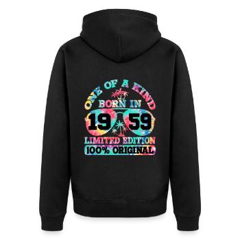 Einzigartig Geboren 1959 Limitierte Auflage - Unisex Premium Bio Zip Hoodie - Schwarz - Hinten - Nico (187cm)